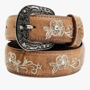 Embroidered Brown Leather Belt with Silver Buckle